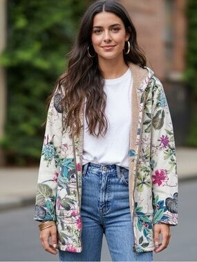 Cozy Soft Boho Light Plant Floral Hooded Zip-up Jacket Tan Fleece Lining Size L